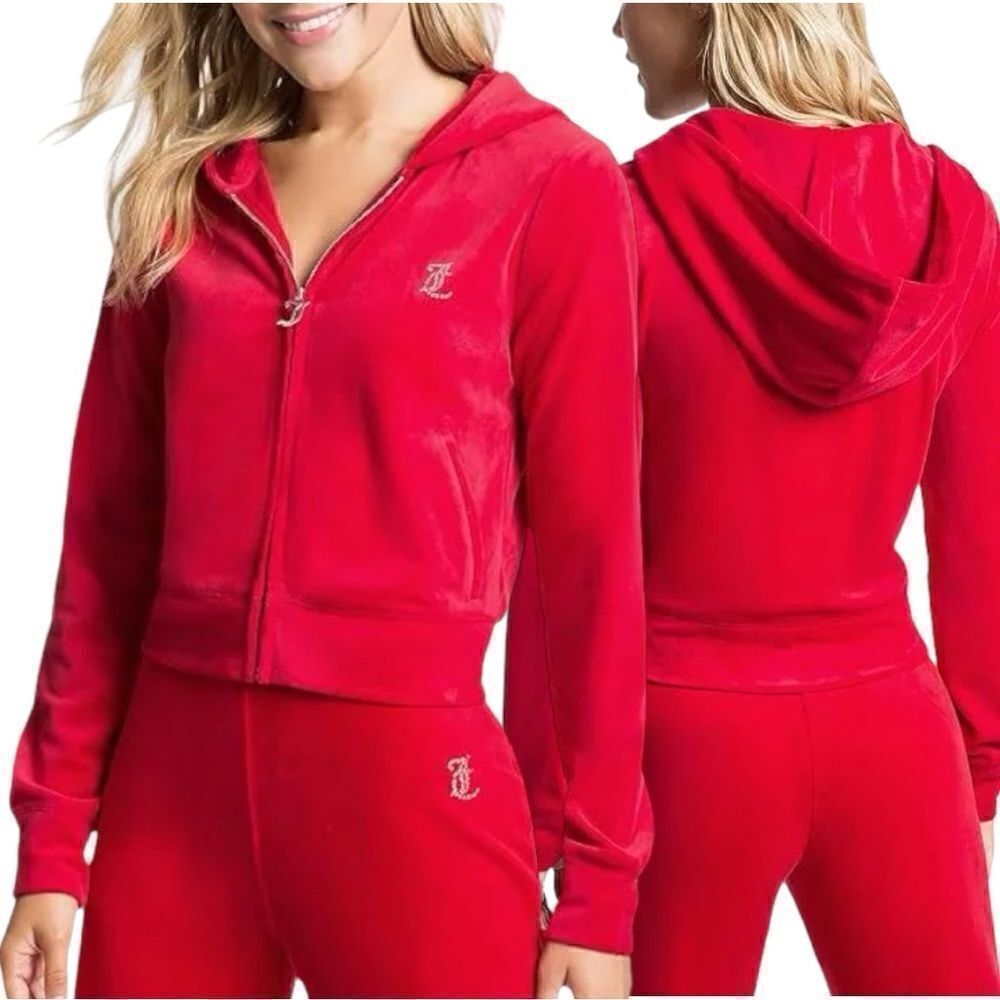 Juicy Couture Women’s Velour Bling Chest Hit Hoodie in Size Large in Coco Red